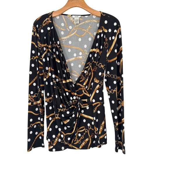 Cache Womens top size XL faux Wrap Blouse equestrian print knit black - Picture 1 of 3